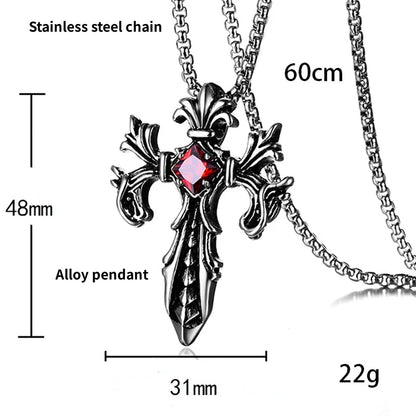 Vintage Flame Cross Pendant Necklace - 60cm Gothic Chain