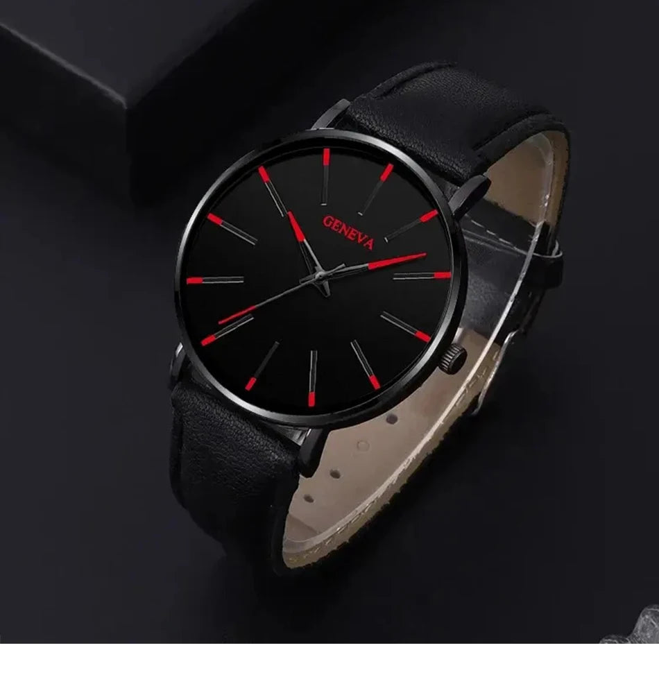 DIJANES Men's Quartz Watch & PU Leather Bracelet Set - Numberless Dial, Buckle, Fashion Casual