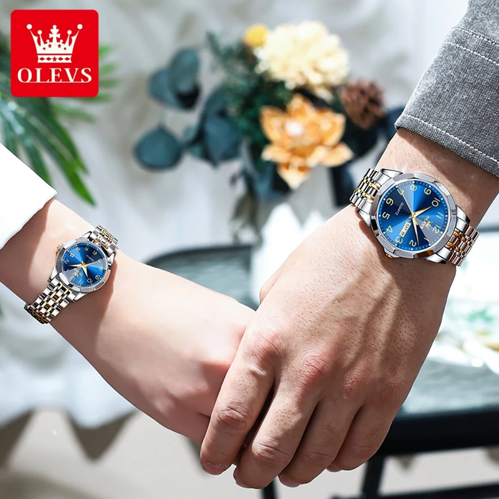 OLEVS 9970 Couple Watch - Luxury, Stainless Steel, Waterproof, Calendar, Digital Dial, Rhombus Mirror