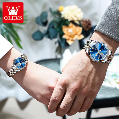 OLEVS 9970 Couple Watch - Luxury, Stainless Steel, Waterproof, Calendar, Digital Dial, Rhombus Mirror