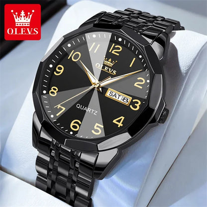 OLEVS 9970 Couple Watch - Luxury, Stainless Steel, Waterproof, Calendar, Digital Dial, Rhombus Mirror