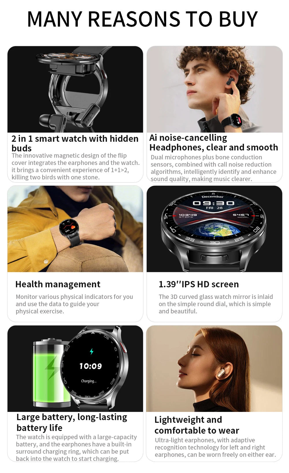 2-in-1 Smartwatch with TWS Earbuds - 1.39" IPS, Heart Rate, IP67, Bluetooth 5.0, 300mAh