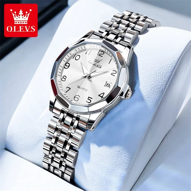 OLEVS 9970 Couple Watch - Luxury, Stainless Steel, Waterproof, Calendar, Digital Dial, Rhombus Mirror