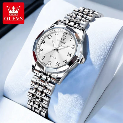 OLEVS 9970 Couple Watch - Luxury, Stainless Steel, Waterproof, Calendar, Digital Dial, Rhombus Mirror