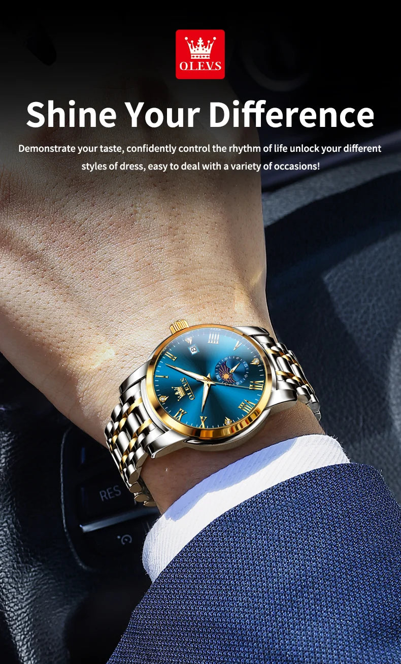 OLEVS Top Brand Men's Watches Fashion Original Quartz Watch for Man Waterproof Stainless Steel Luminous Wristwatch Moon Phase