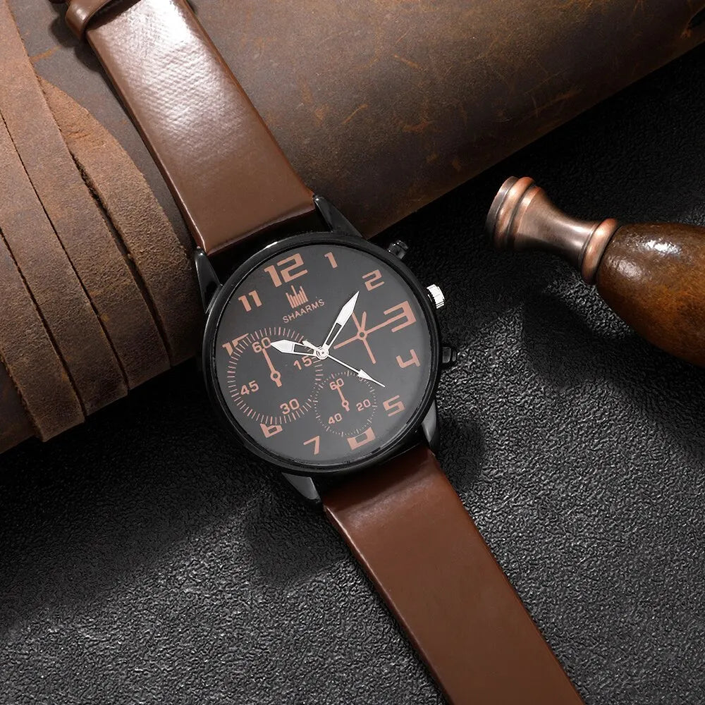 Men's 5pcs Retro Big Dial Quartz Watch & Bracelet Set - Leather Band, Arabic Numeral, 41mm