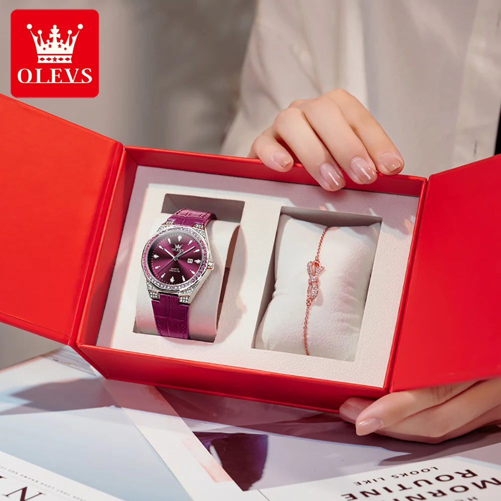 OLEVS 5606 Original Diamond Watch - Leather Strap, 3M Waterproof, Luminous