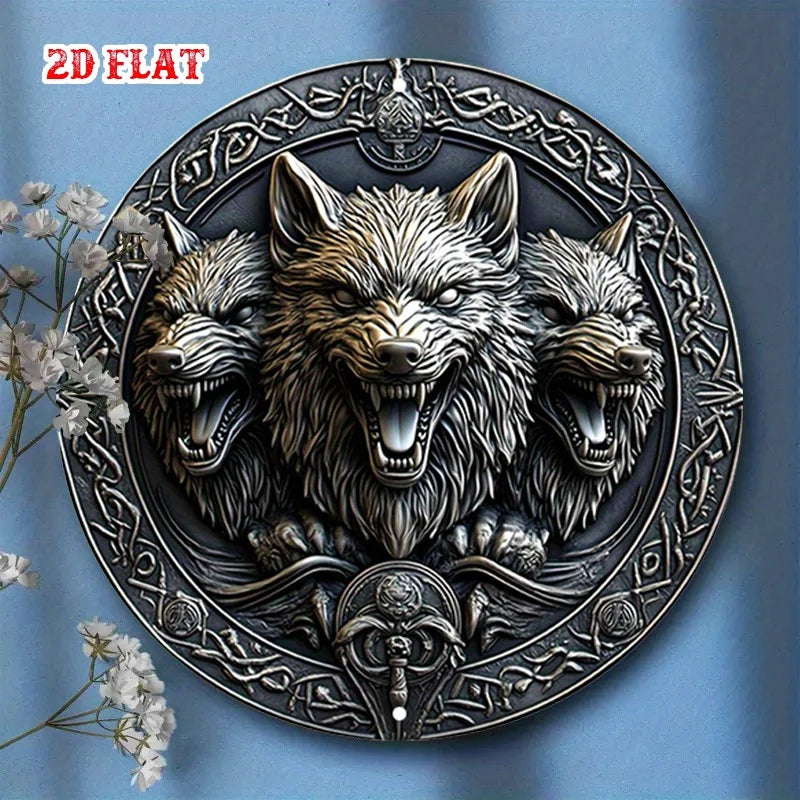 Wolf Faces Aluminum Sign - 20cm Round Celtic Knotwork Metal Wall Art