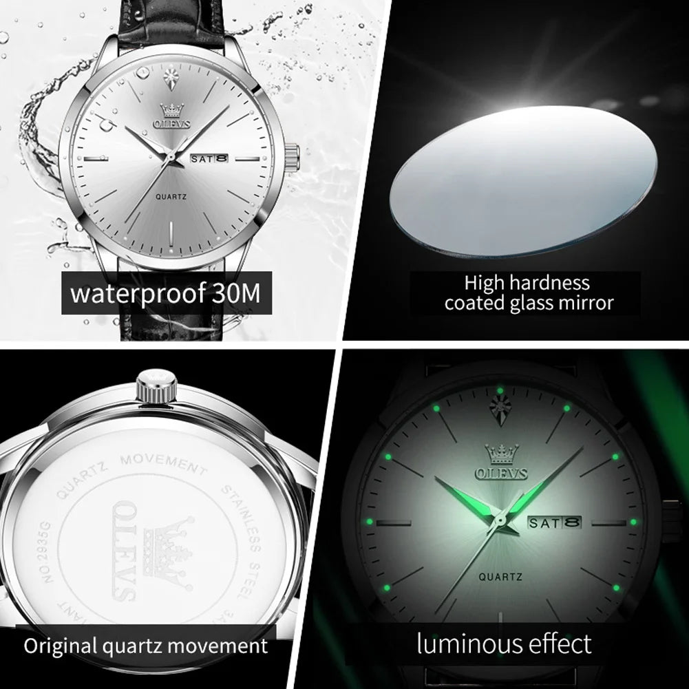 OLEVS 2935 Men's Watch - 43mm, Dual Calendar, Luminous, 3ATM Waterproof, Leather Strap