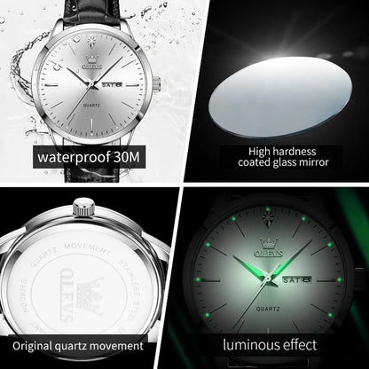 OLEVS 2935 Men's Watch - 43mm, Dual Calendar, Luminous, 3ATM Waterproof, Leather Strap