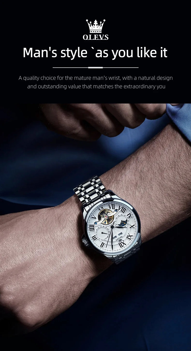 OLEVS 7013 Men's Watch - Moon Phase, Mechanical Automatic, Hollow Flywheel, Waterproof