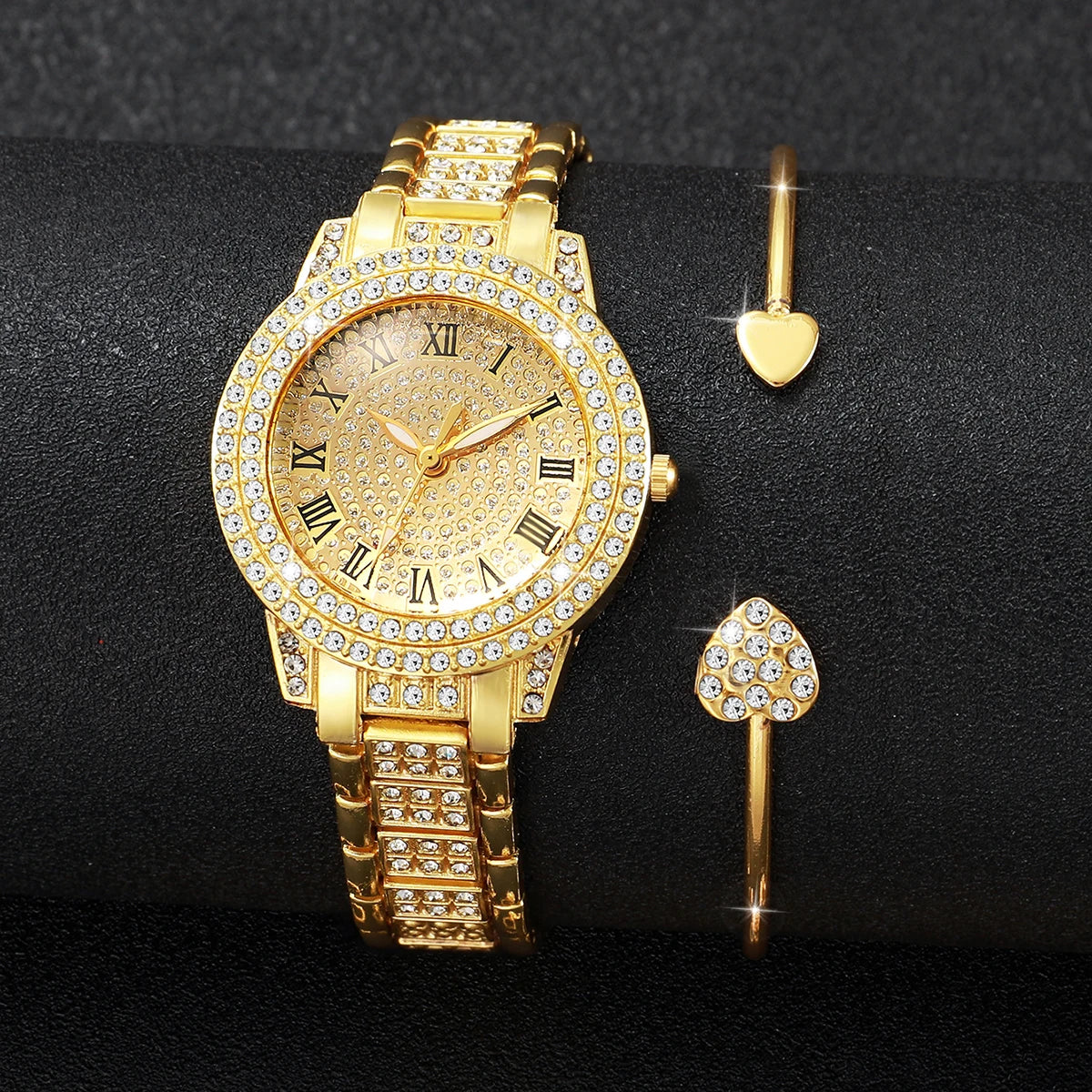 Women's Diamond Roman Numeral Quartz Watch & Heart Jewelry Set - Alloy Band, 32mm, No Box