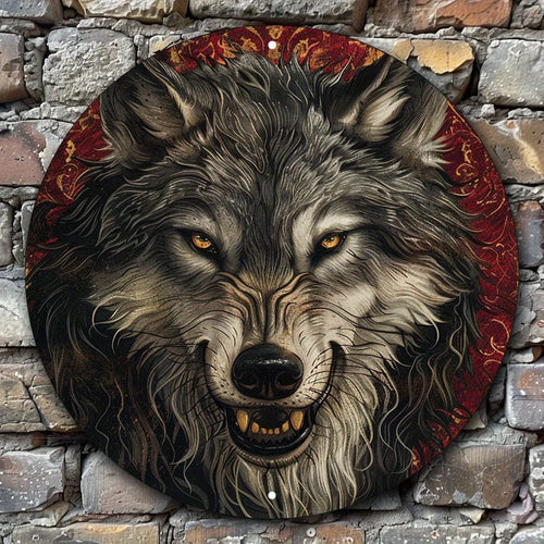 Glowing Eye Wolf Metal Wall Art - Round Iron Sign Decor
