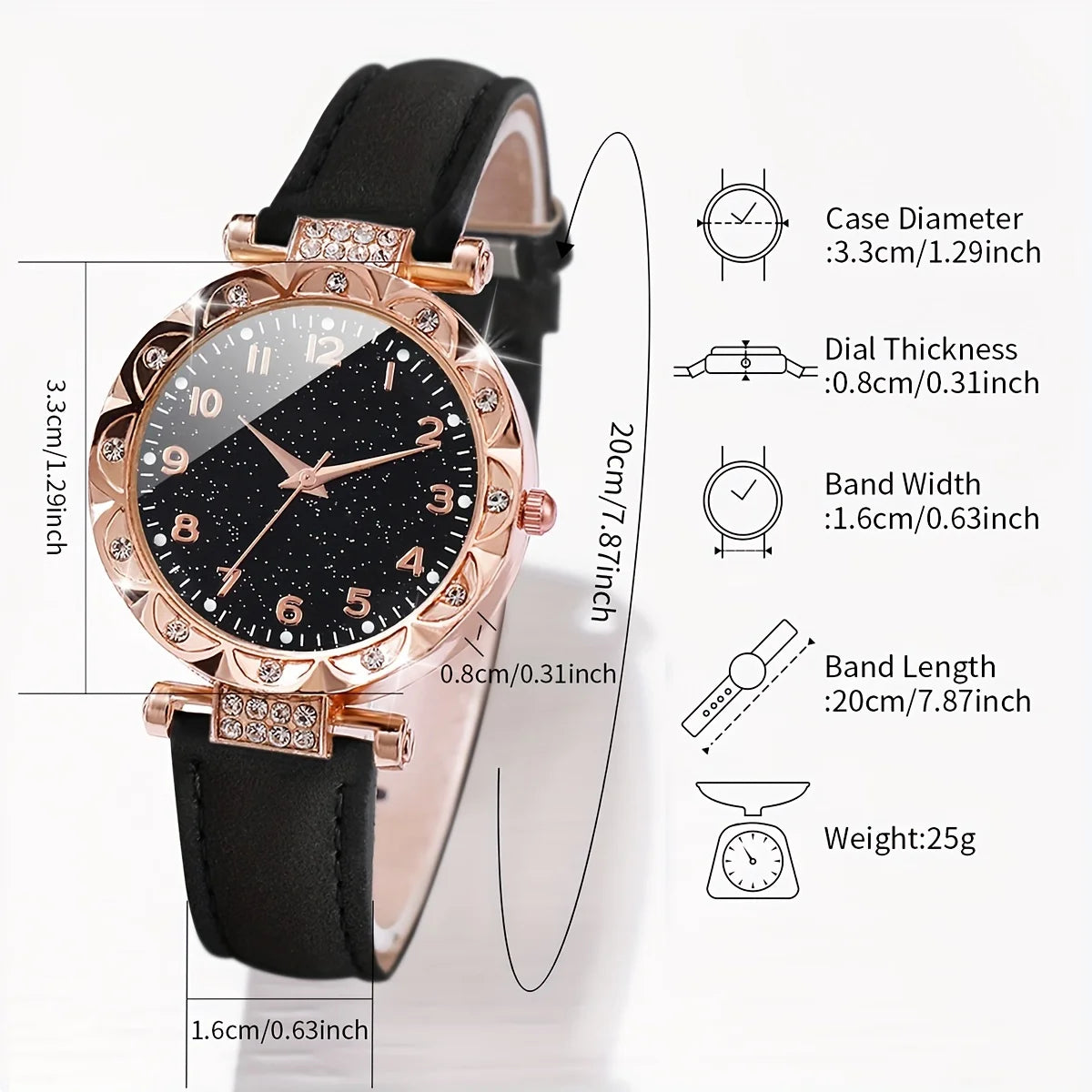 2pcs Women's Rhinestone Quartz Watch & Heart Bracelet Set - PU Leather, Arabic Numeral, 33mm