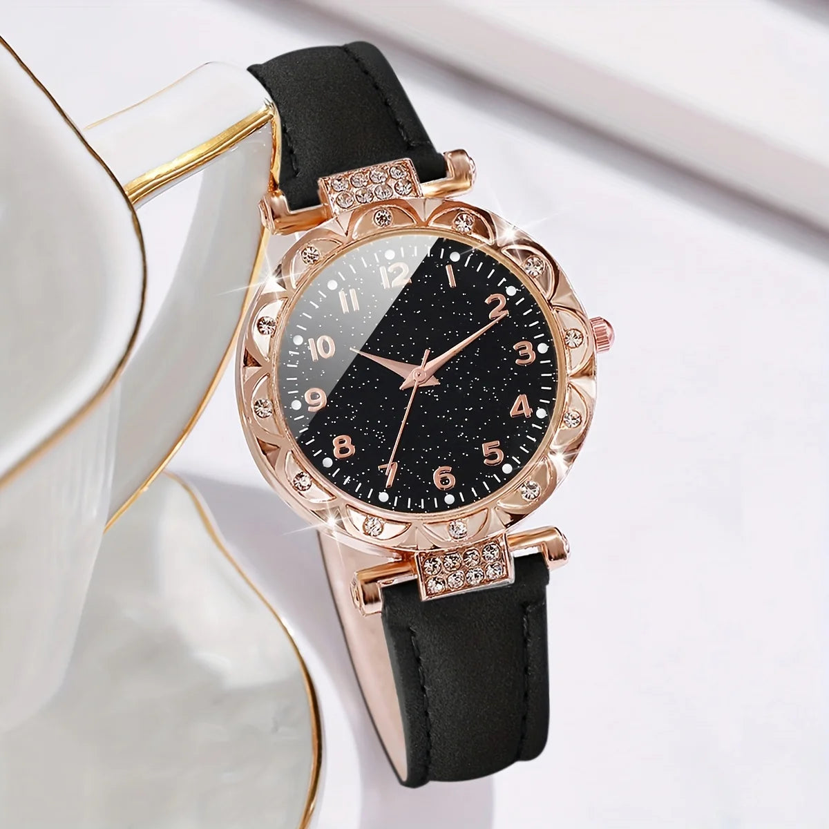 2pcs Women's Rhinestone Quartz Watch & Heart Bracelet Set - PU Leather, Arabic Numeral, 33mm
