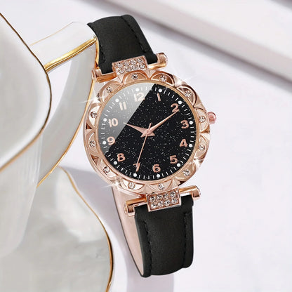 2pcs Women's Rhinestone Quartz Watch & Heart Bracelet Set - PU Leather, Arabic Numeral, 33mm