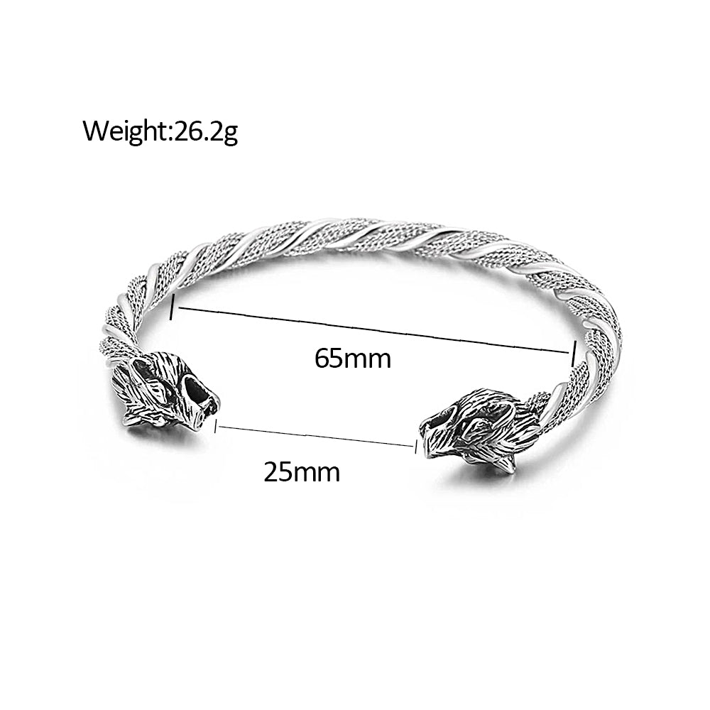 Viking Wolf Head Bracelet - Stainless Steel Open Cuff for Men