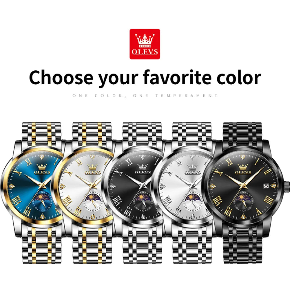 OLEVS Top Brand Men's Watches Fashion Original Quartz Watch for Man Waterproof Stainless Steel Luminous Wristwatch Moon Phase