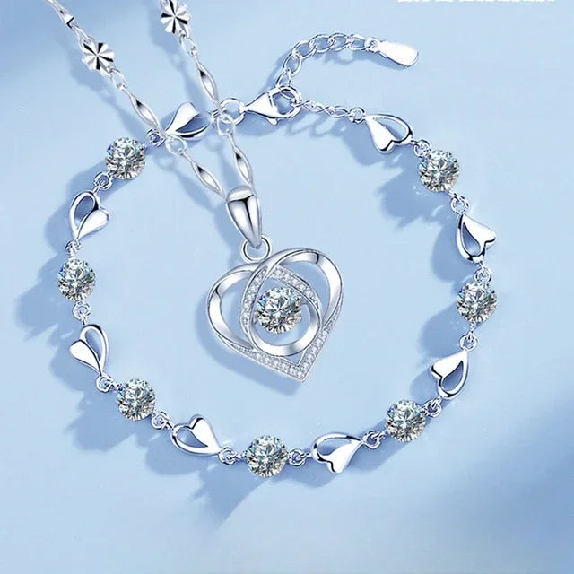925 Sterling Silver Heart Necklace & Bracelet Set - Blue Crystal
