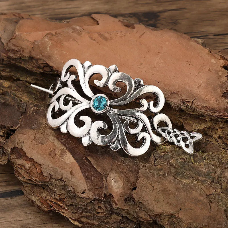 Celtic Knot Gemstone Hairpin – Viking Style, Metal Alloy, Blue & Red