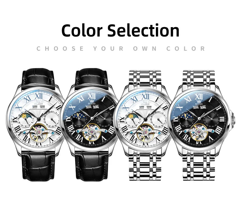 OLEVS 7013 Men's Watch - Moon Phase, Mechanical Automatic, Hollow Flywheel, Waterproof