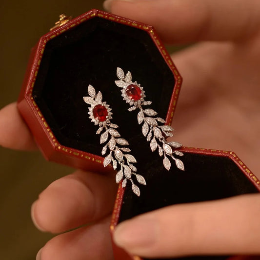 925 Sterling Silver Red Gemstone Tassel Earrings - Vintage Style