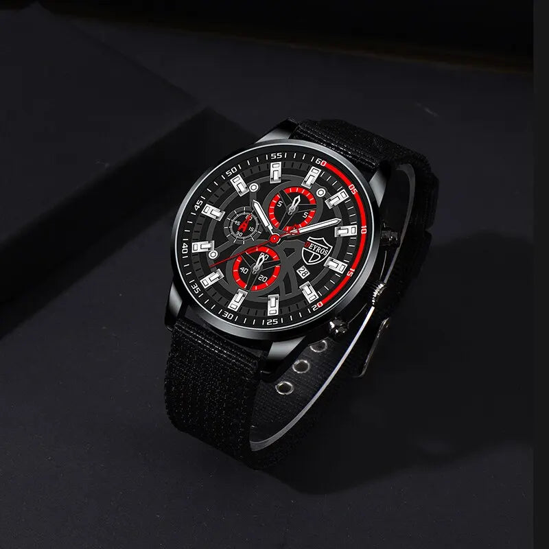 DEYROS 3pcs Men's Quartz Watch, Necklace & Bracelet Set - Nylon Band, Hardlex, Numberless Dial