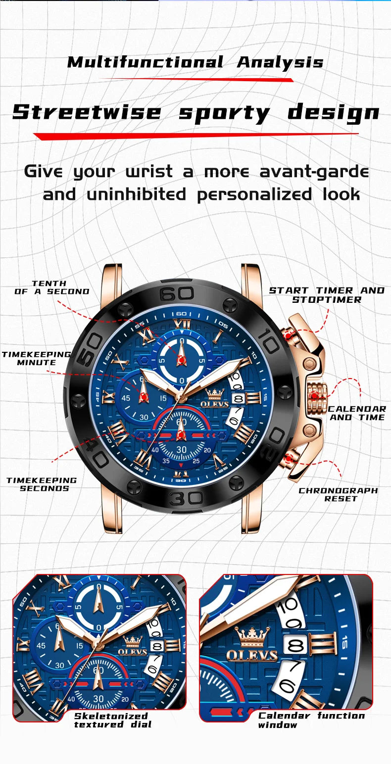 OLEVS 9986 Men's Watch - 51mm Large Dial, Silicone Strap, Waterproof, Chronograph, Luminous