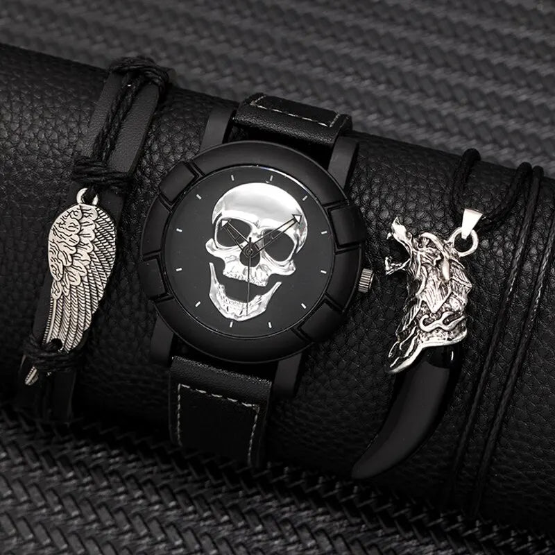 DEYROS 3pcs Men's Skull Quartz Watch Set - Watch, Necklace & Bracelet, Stainless Steel, Hardlex