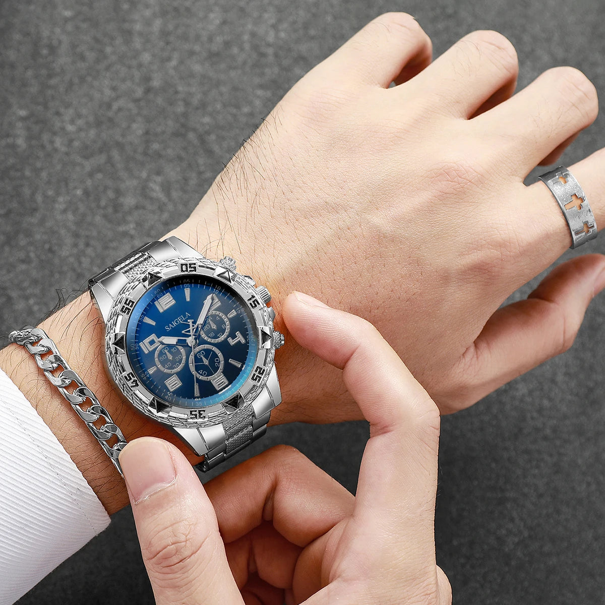 yolako 4pcs Men's Quartz Watch Jewelry Set - Watch, Bracelet, Necklace & Ring, 45mm, No Box