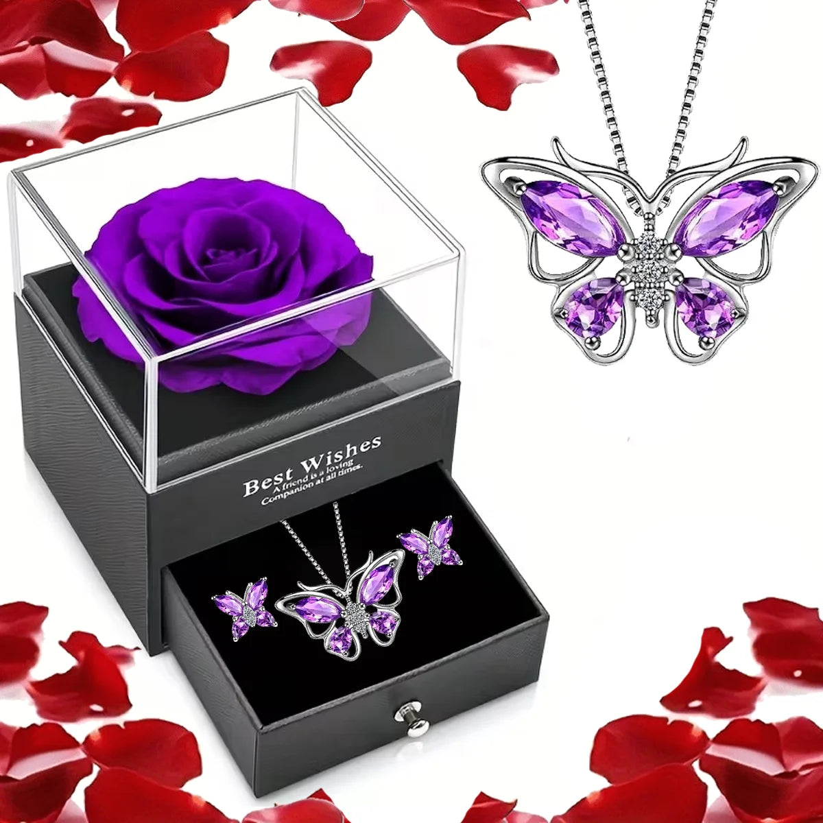 Red Rose Gift Box with Heart Stone Necklace - Gift for Mom or Wife