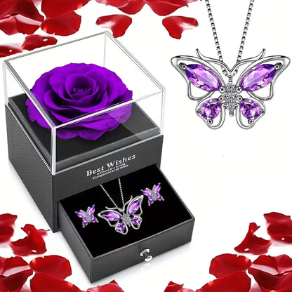 Red Rose Gift Box with Heart Stone Necklace - Gift for Mom or Wife