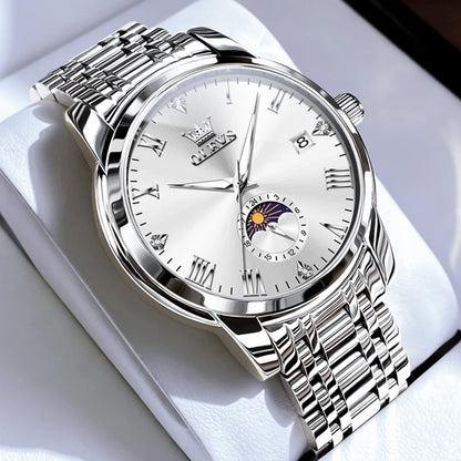 OLEVS Top Brand Men's Watches Fashion Original Quartz Watch for Man Waterproof Stainless Steel Luminous Wristwatch Moon Phase