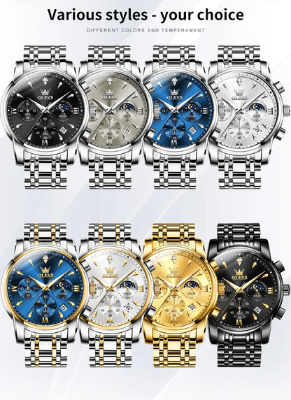 OLEVS Moon Phase Watch - Gold Blue Stainless Steel Chronograph