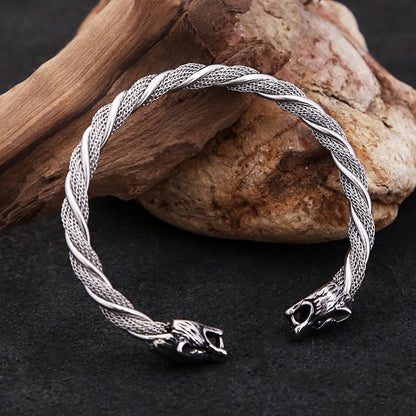 Viking Wolf Head Bracelet - Stainless Steel Open Cuff for Men