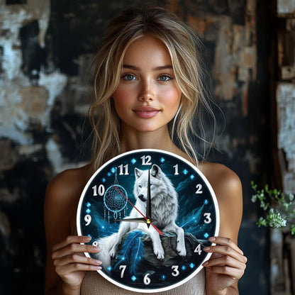 Wolf Dreamcatcher Wooden Wall Clock – Silent Quartz