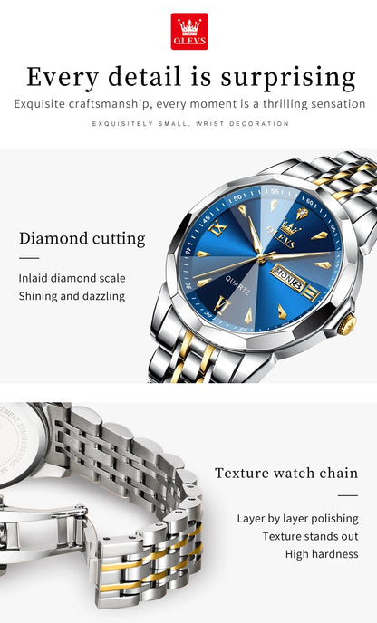 OLEVS 9998 Couple Watches - Rhombus Mirror, Luminous Date, Waterproof