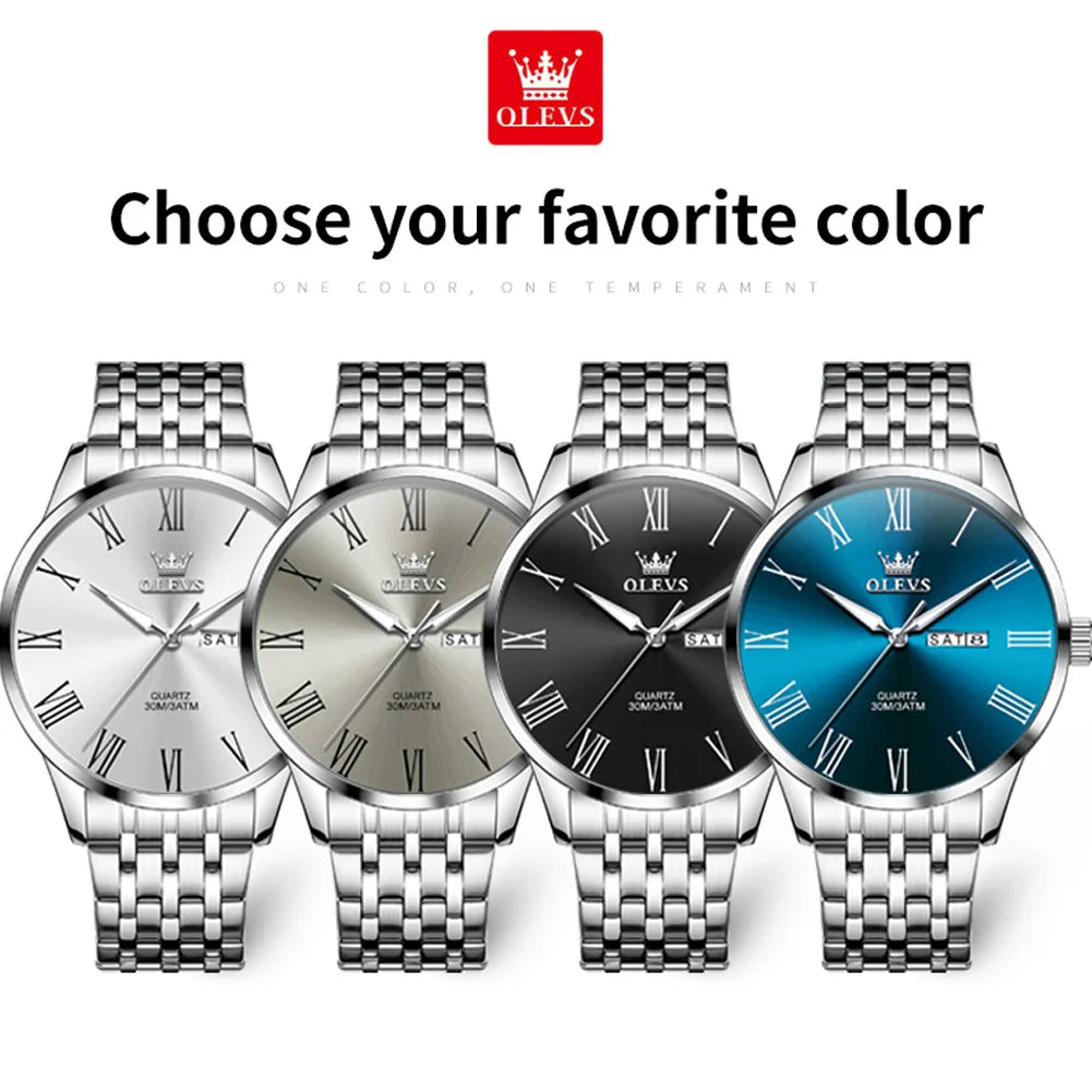 OLEVS 3633 Men's Watch - Business Simple, Waterproof, Luminous, Stainless Steel, Dual Calendar