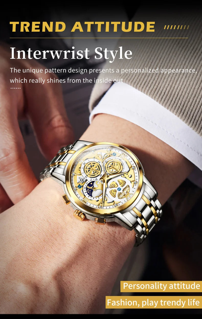 OLEVS 9947 Men's Watch - Luxury, Waterproof, Gold Skeleton, 24 Hour Day Night, Quartz