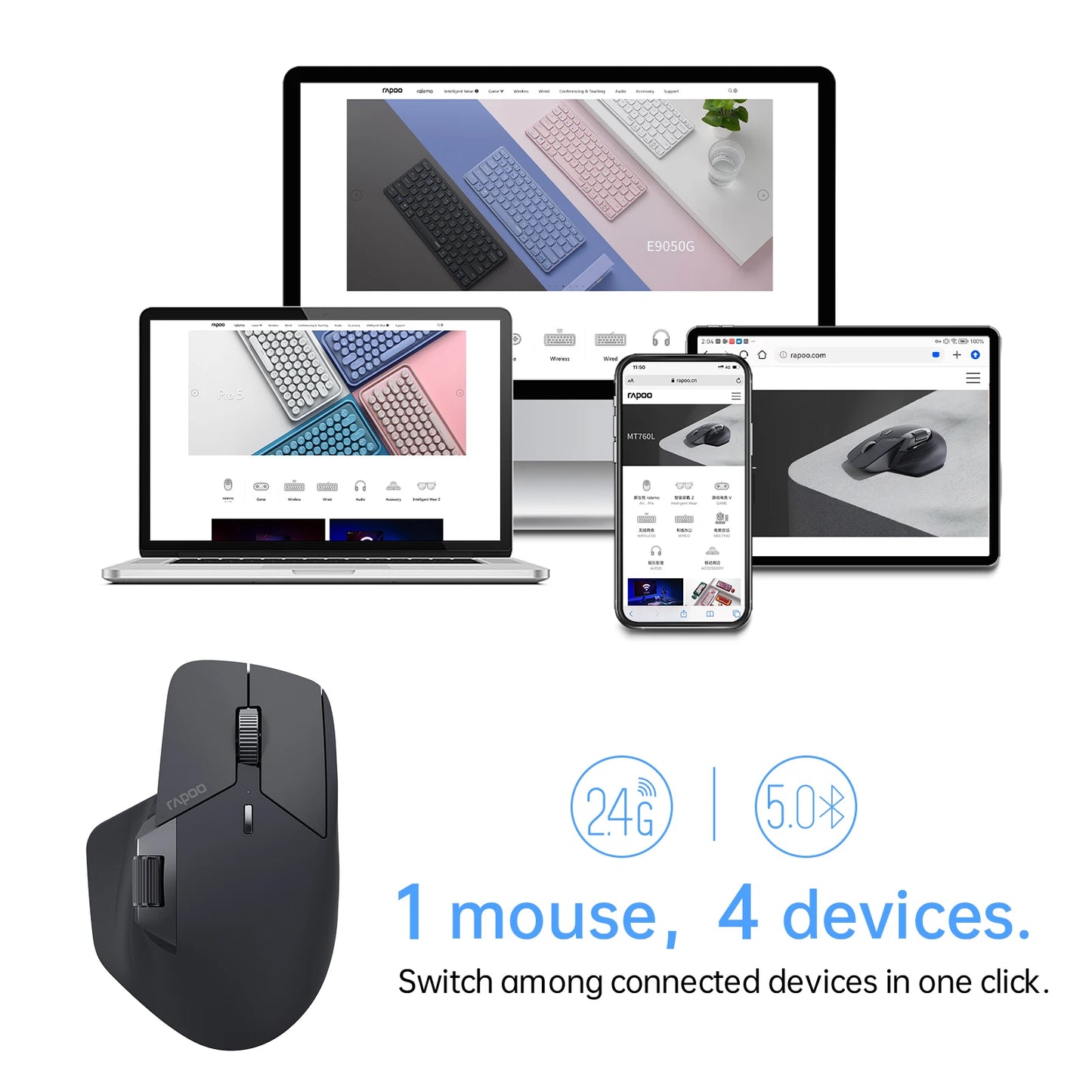 Rapoo MT760 Wireless Mouse - Multi-Device, 4000 DPI, Rechargeable, Bluetooth & 2.4GHz