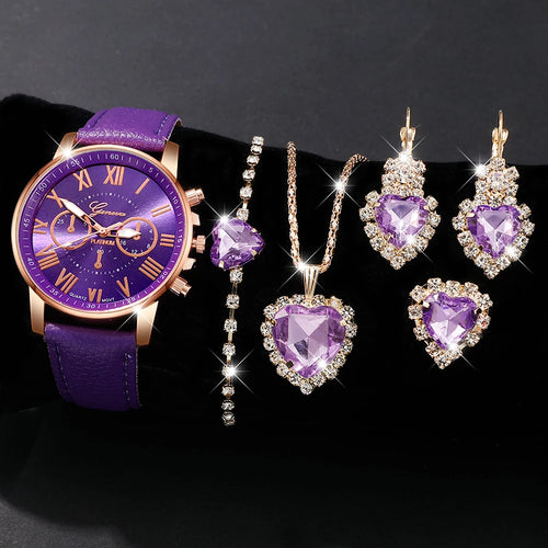 Women's Quartz Watch & Bracelet Set – Roman Numeral, Leather Band
