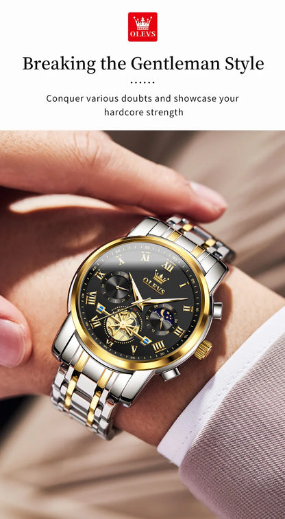 OLEVS 2859+2897 Couple Watch - Stainless Steel, Waterproof, Chronograph, Moon Phase, Flywheel