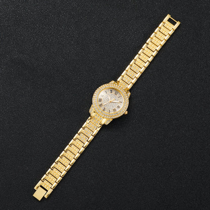 Women's Diamond Roman Numeral Quartz Watch & Heart Jewelry Set - Alloy Band, 32mm, No Box