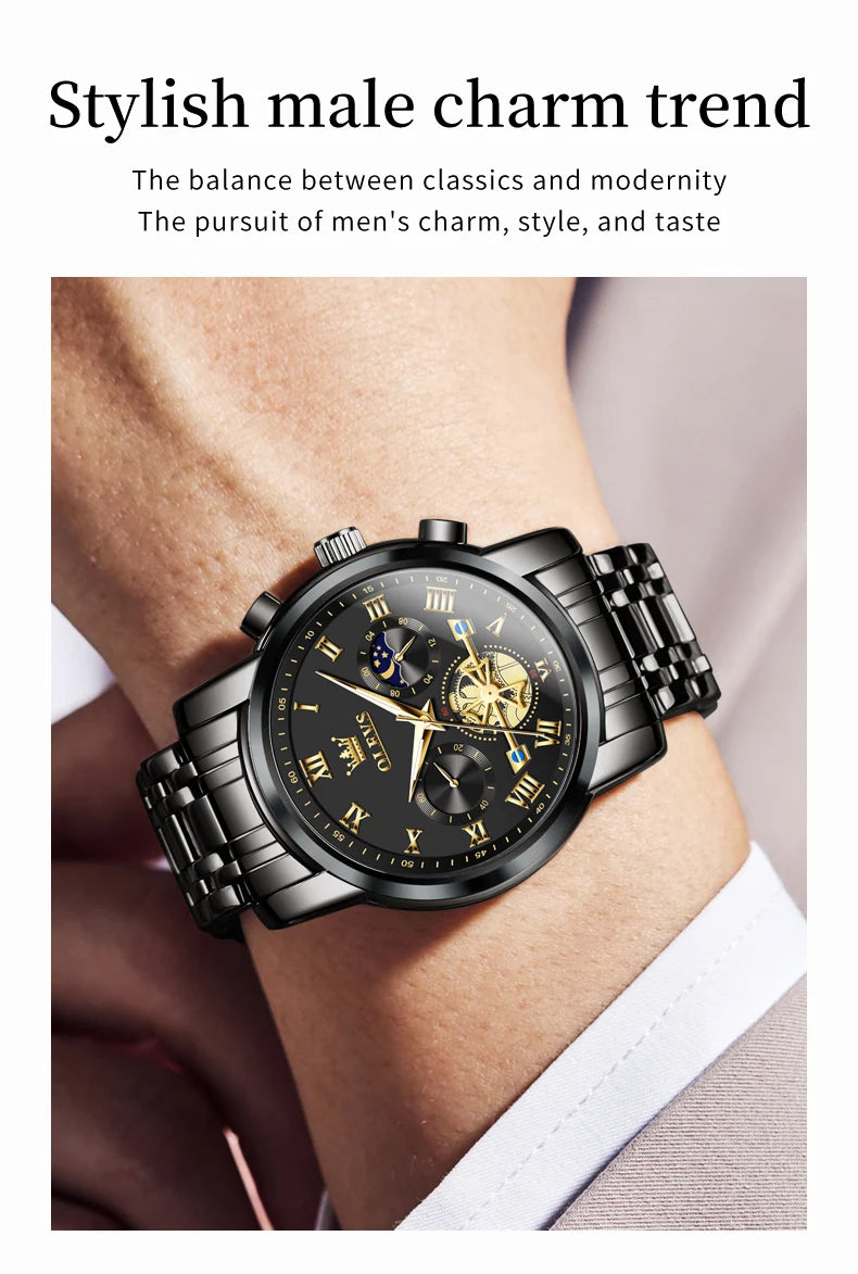 OLEVS 2859+2897 Couple Watch - Stainless Steel, Waterproof, Chronograph, Moon Phase, Flywheel