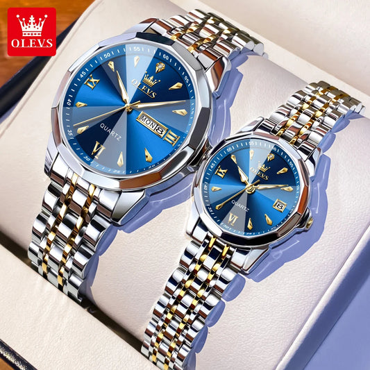OLEVS 9998 Couple Watches - Rhombus Mirror, Luminous Date, Waterproof