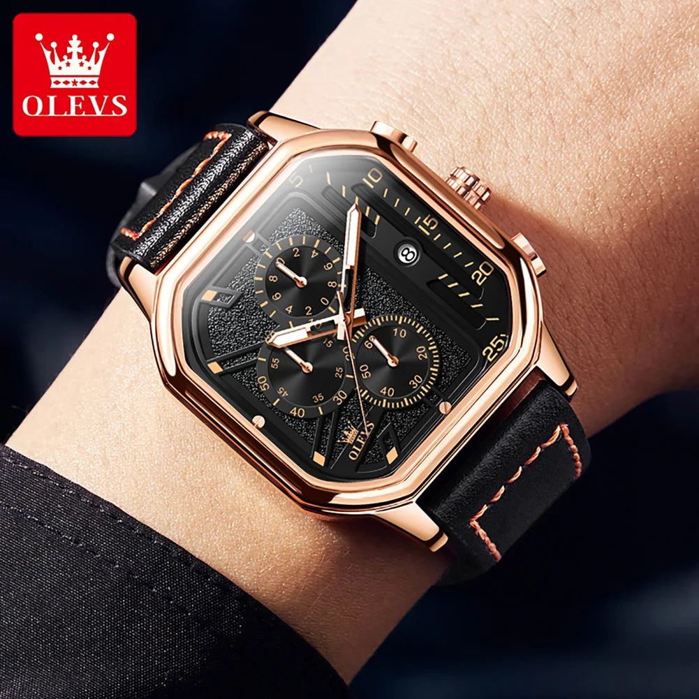 OLEVS 9950 Men's Watch - Square Sport, Waterproof, Leather Strap, Stopwatch, Backlight