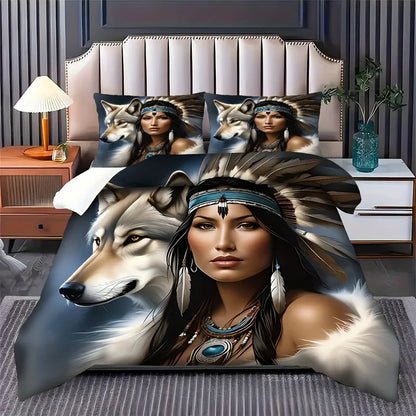 Wolf Feather 3D Bedding Set - Polyester Duvet Cover Pillowcase