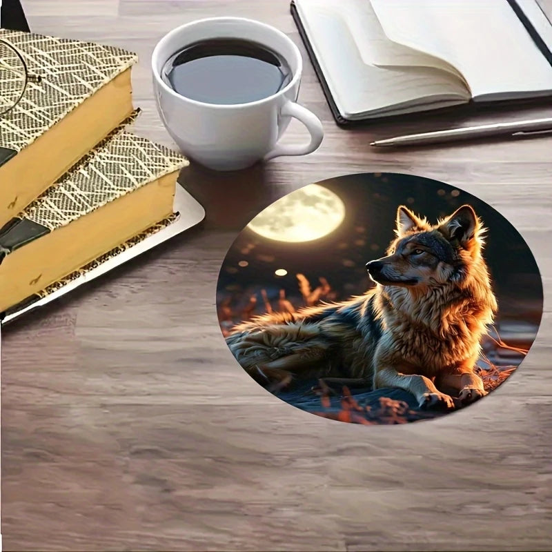 Wolf Theme Wooden Coasters Set - 6 Pieces Desktop Insulation Mats