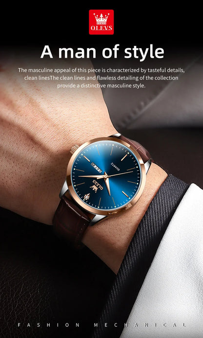 OLEVS 2935 Luxury Men's Watch - Roman Numeral, Auto Date, Shock Resistant, 3ATM, Leather Strap