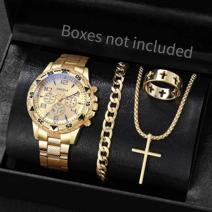 yolako 4pcs Men's Quartz Watch Jewelry Set - Watch, Bracelet, Necklace & Ring, 45mm, No Box